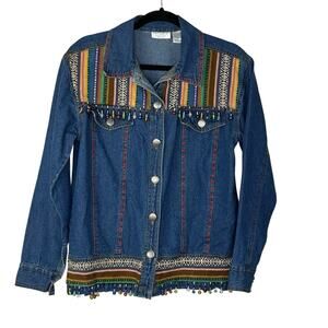 Vtg Lew Magram Denim Jacket Beaded Fringe South Western Boho Colorful Sz M